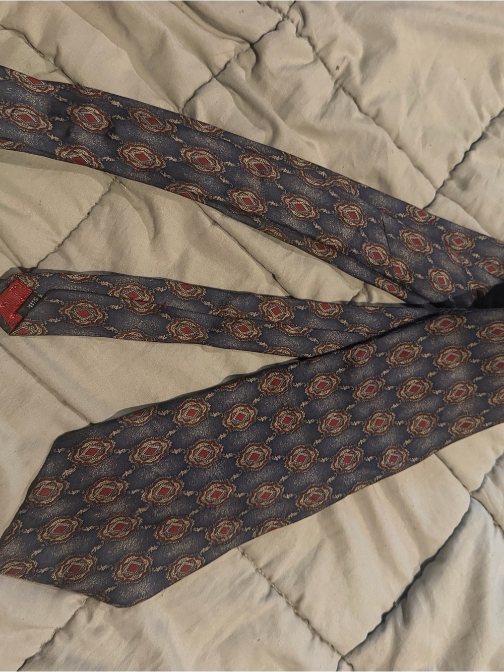 Halston Heritage Navy Geometric Medallion Silk Tie with Red Accents